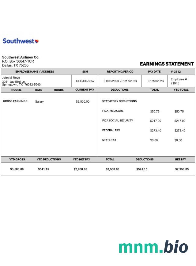 Oświadczenie o zarobkach SOUTHWEST AIRLINES CO w formatach PDf i Word